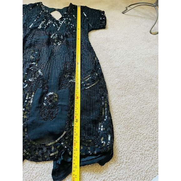 Lillie Rubin Vintage Art Deco Black Silk Beaded Sequined Cocktail Dress Short Sl - Picture 8 of 15